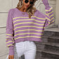 Boho Round Neck Knitted Pullover Striped Sweater