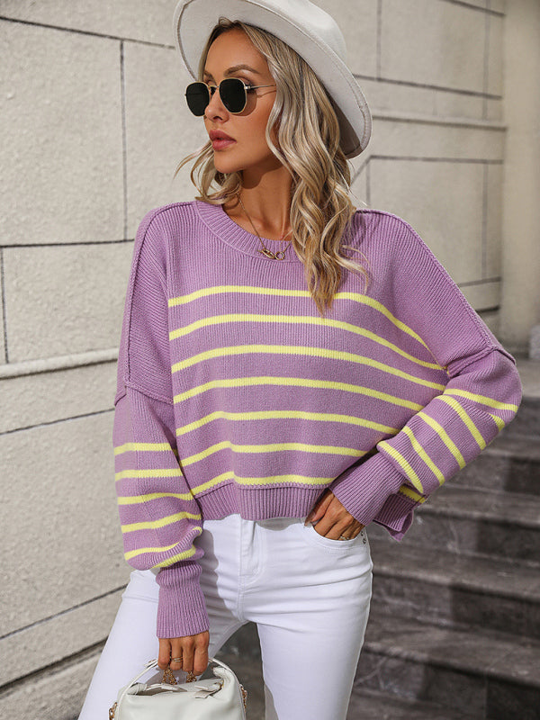 Boho Round Neck Knitted Pullover Striped Sweater