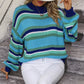 Boho Dropped Shoulder Crewneck Knit Striped Sweater