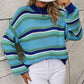 Boho Dropped Shoulder Crewneck Knit Striped Sweater