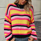 Boho Dropped Shoulder Crewneck Knit Striped Sweater