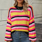 Boho Dropped Shoulder Crewneck Knit Striped Sweater