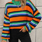 Boho Dropped Shoulder Crewneck Knit Striped Sweater