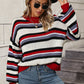 Boho Dropped Shoulder Crewneck Knit Striped Sweater