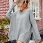 Boho Loose V Neck Side Slit Knit Cozy Pullover Sweater