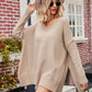 Boho Loose V Neck Side Slit Knit Cozy Pullover Sweater