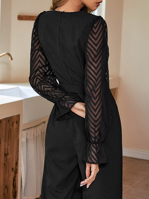 Long Sleeves Floral Applique Detail Wide Leg Jumpsuit