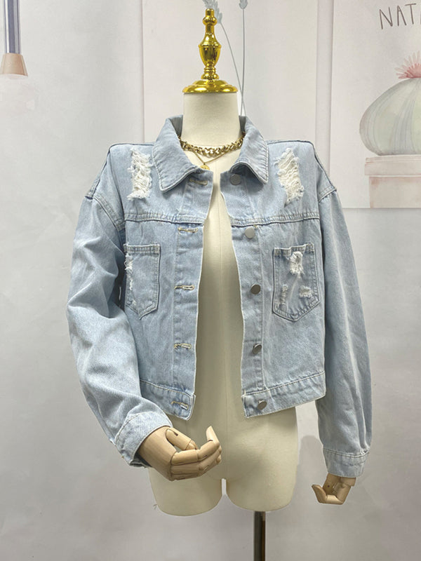 Boho Country Western Ripped Denim Rhinestone Tassel Cropped Jacket