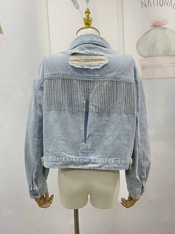 Boho Country Western Ripped Denim Rhinestone Tassel Cropped Jacket