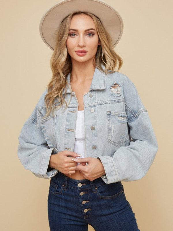 Boho Country Western Ripped Denim Rhinestone Tassel Cropped Jacket
