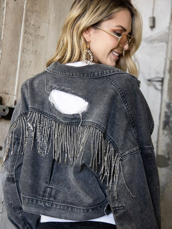 Boho Country Western Ripped Denim Rhinestone Tassel Cropped Jacket