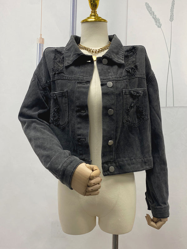 Boho Country Western Ripped Denim Rhinestone Tassel Cropped Jacket