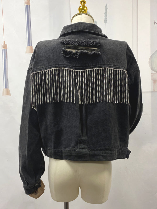 Boho Country Western Ripped Denim Rhinestone Tassel Cropped Jacket