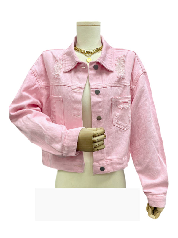 Boho Country Western Ripped Denim Rhinestone Tassel Cropped Jacket