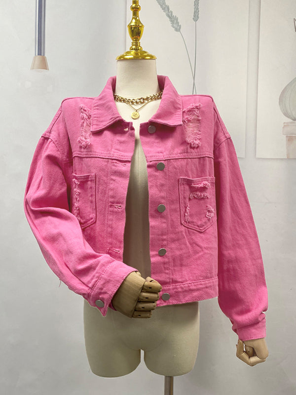 Boho Country Western Ripped Denim Rhinestone Tassel Cropped Jacket