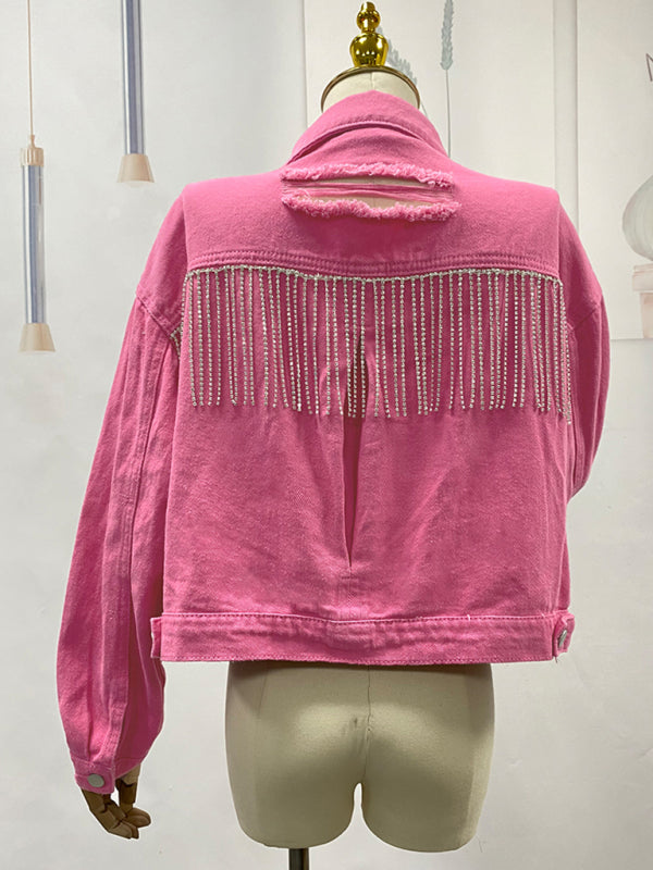 Boho Country Western Ripped Denim Rhinestone Tassel Cropped Jacket