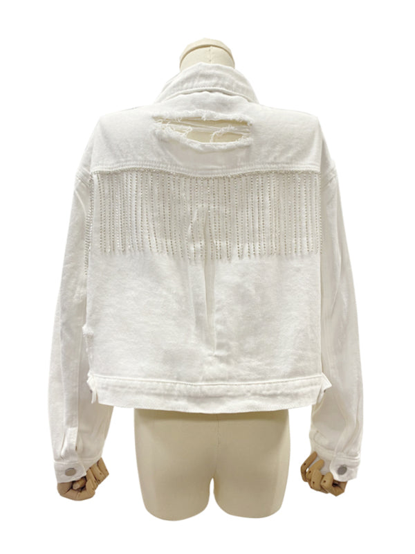 Boho Country Western Ripped Denim Rhinestone Tassel Cropped Jacket