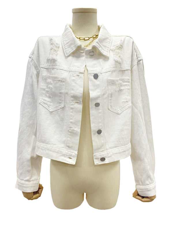 Boho Country Western Ripped Denim Rhinestone Tassel Cropped Jacket