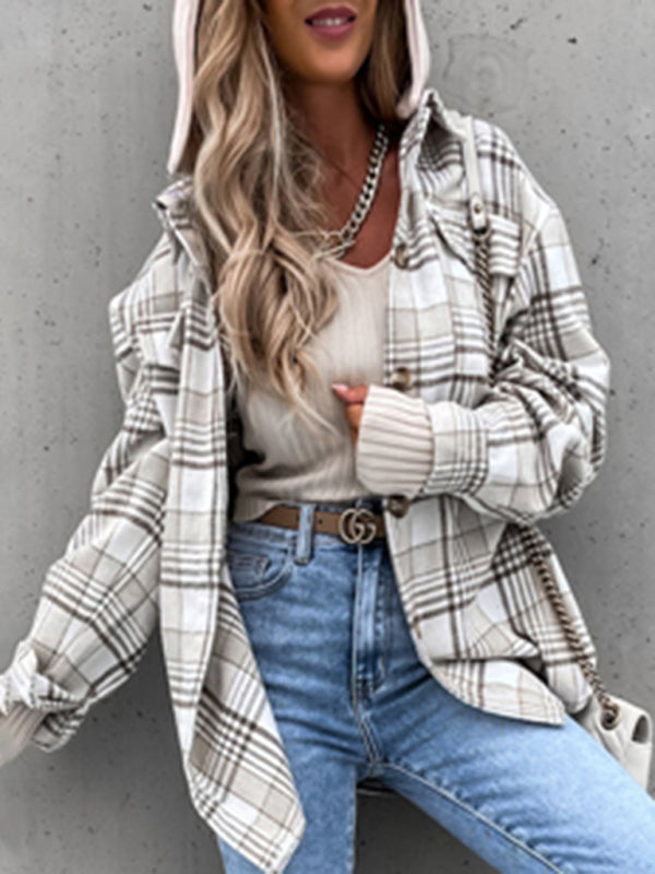Bohemian Women's Plaid Flannel Hooded Shirt Jacket Coat