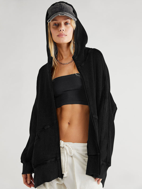 Bohemian Long Sleeve Loose Waffle Knit Casual Zip Front Hoodie