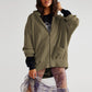 Bohemian Long Sleeve Loose Waffle Knit Casual Zip Front Hoodie
