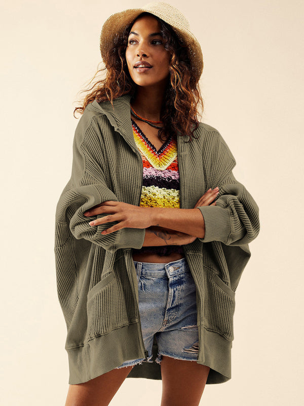 Bohemian Long Sleeve Loose Waffle Knit Casual Zip Front Hoodie