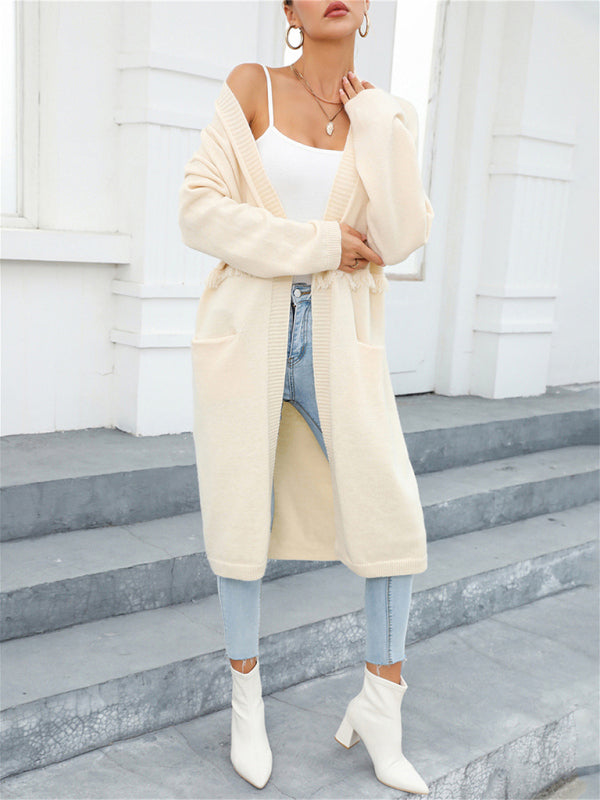Bohemian Long Length Knit Cardigan Tassel Trim Duster