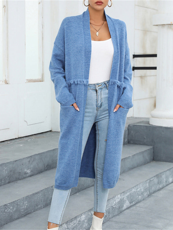 Bohemian Long Length Knit Cardigan Tassel Trim Duster