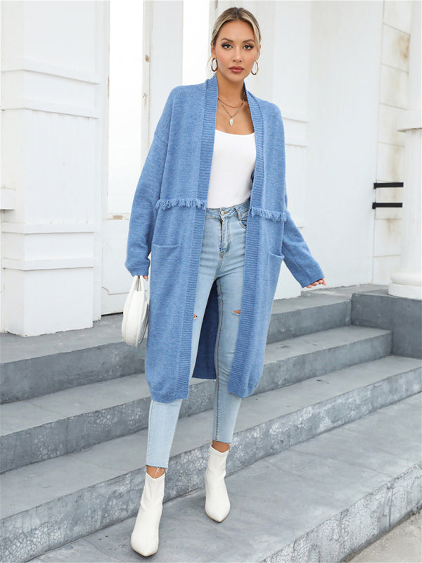 Bohemian Long Length Knit Cardigan Tassel Trim Duster