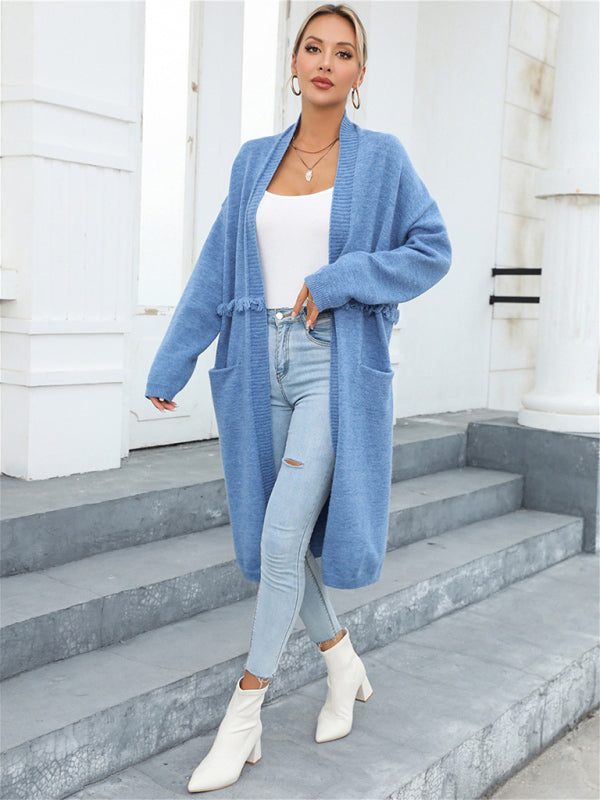 Bohemian Long Length Knit Cardigan Tassel Trim Duster