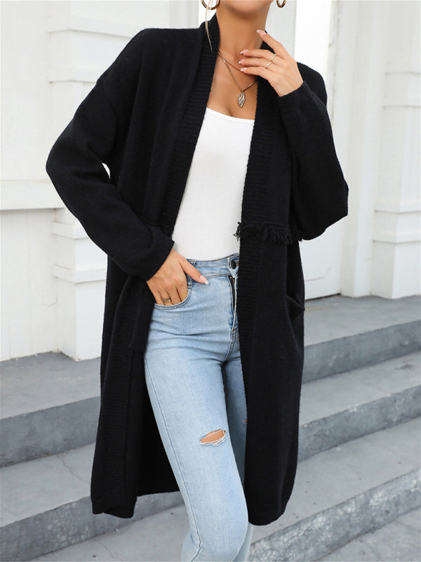 Bohemian Long Length Knit Cardigan Tassel Trim Duster