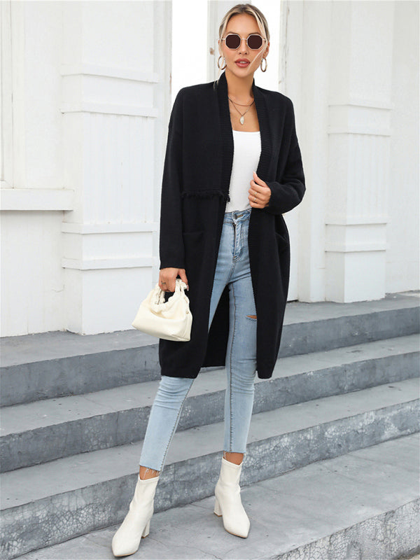 Bohemian Long Length Knit Cardigan Tassel Trim Duster