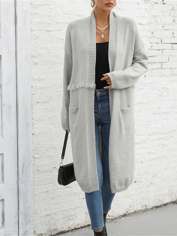Bohemian Long Length Knit Cardigan Tassel Trim Duster