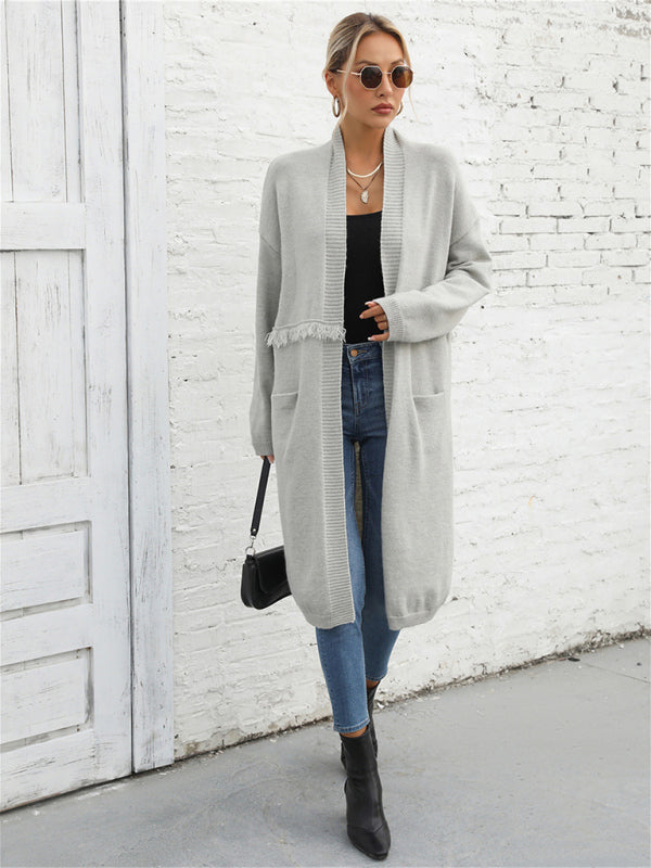 Bohemian Long Length Knit Cardigan Tassel Trim Duster
