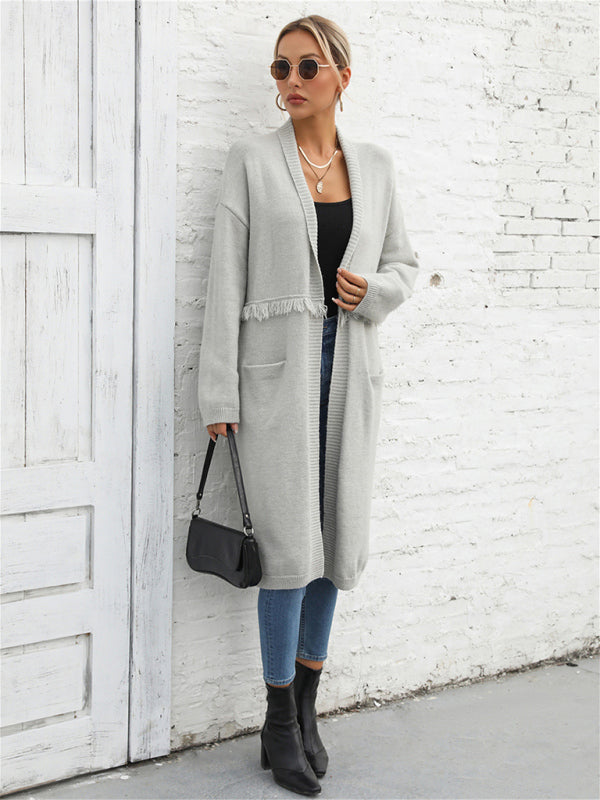 Bohemian Long Length Knit Cardigan Tassel Trim Duster