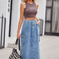 Bohemian Sporty Cargo Denim Mid Length Skirt