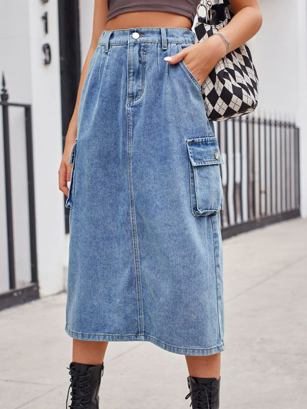 Bohemian Sporty Cargo Denim Mid Length Skirt