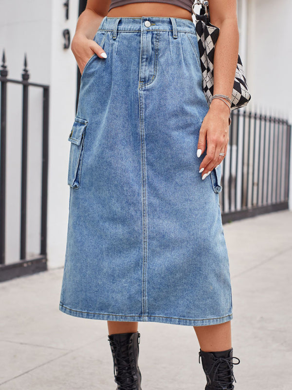 Bohemian Sporty Cargo Denim Mid Length Skirt