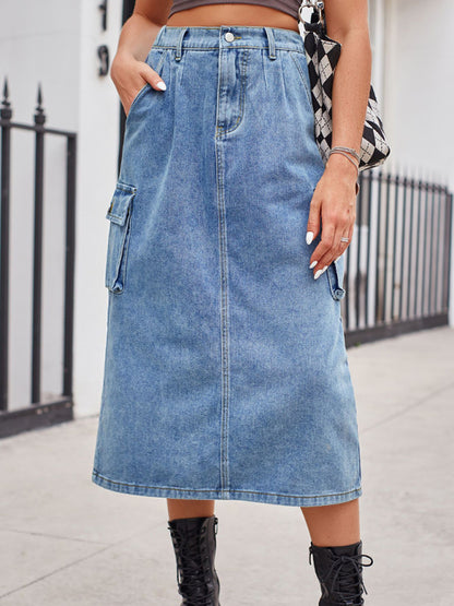 Bohemian Sporty Cargo Denim Mid Length Skirt