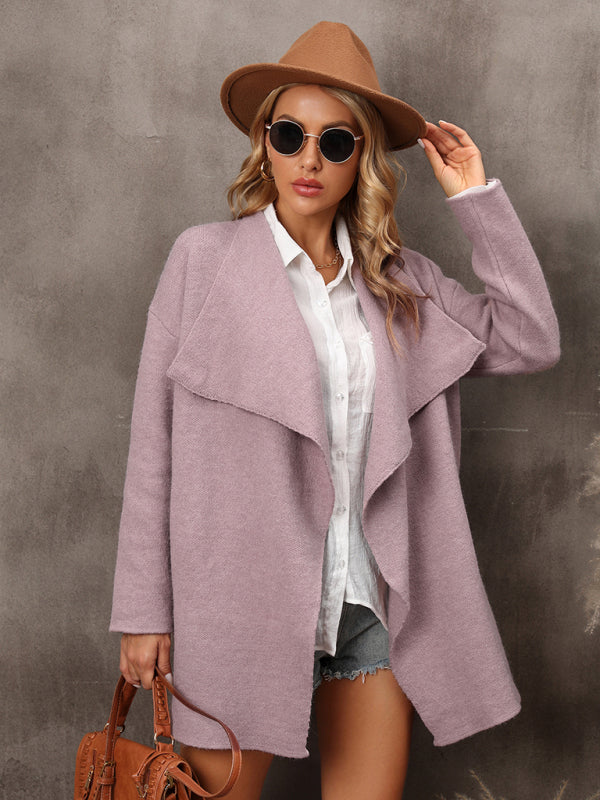 Boho Solid Color Women's Knit Open Front Large Lapel Cardigan