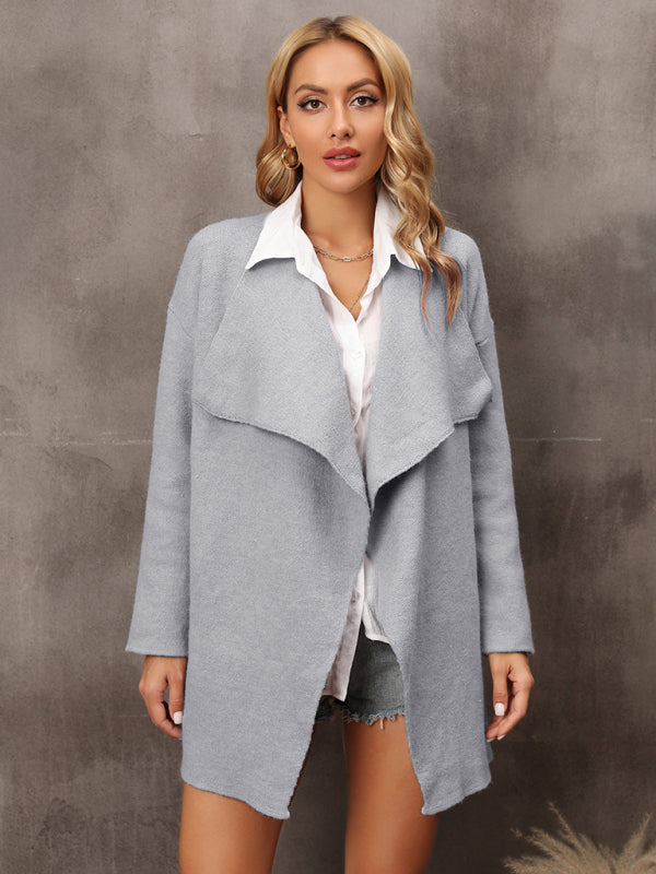 Boho Solid Color Women's Knit Open Front Large Lapel Cardigan