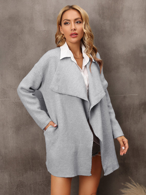 Boho Solid Color Women's Knit Open Front Large Lapel Cardigan