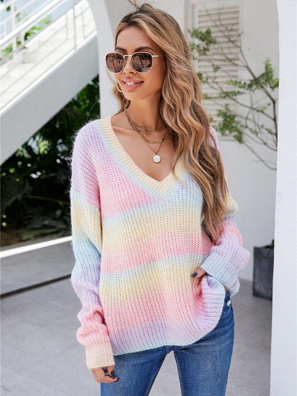 Bohemian Rainbow Tie-Dye V-Neck Pullover Knit Sweater