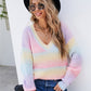 Bohemian Rainbow Tie-Dye V-Neck Pullover Knit Sweater