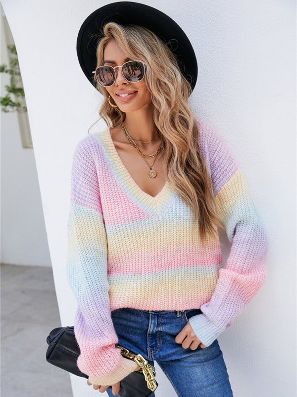 Bohemian Rainbow Tie-Dye V-Neck Pullover Knit Sweater