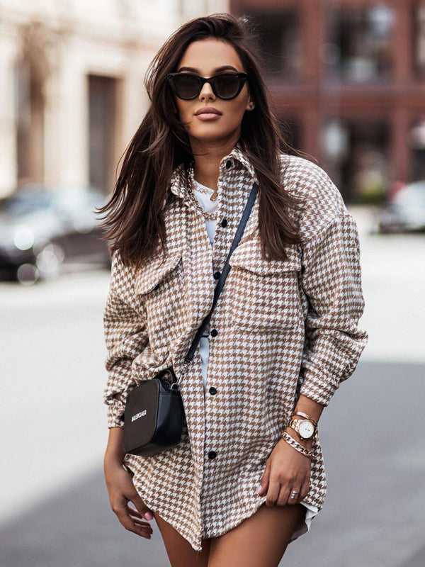 Boho Houndstooth Long Sleeve Shirt Jacket "Shacket"