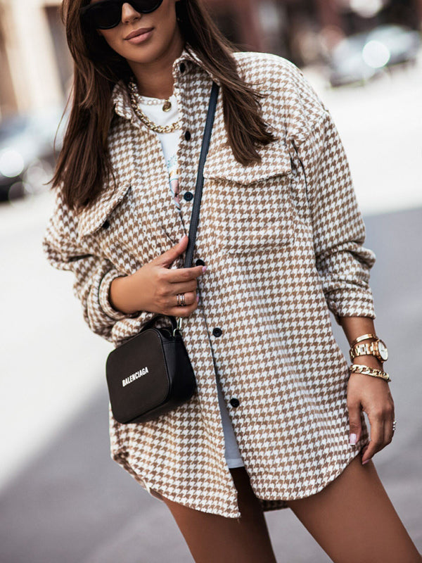 Boho Houndstooth Long Sleeve Shirt Jacket "Shacket"