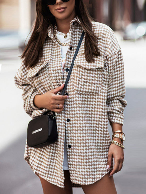 Boho Houndstooth Long Sleeve Shirt Jacket "Shacket"