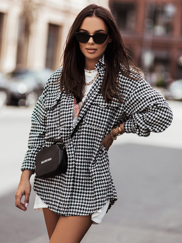 Boho Houndstooth Long Sleeve Shirt Jacket "Shacket"