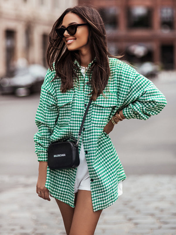 Boho Houndstooth Long Sleeve Shirt Jacket "Shacket"
